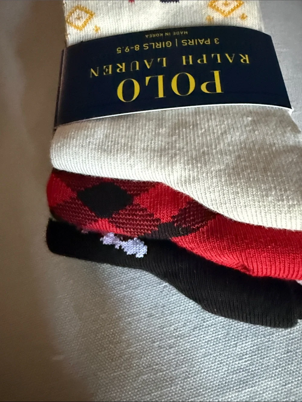 Polo by Ralph Lauren Cream Holiday Pattern Socks with Red, Navy & Gold Accents